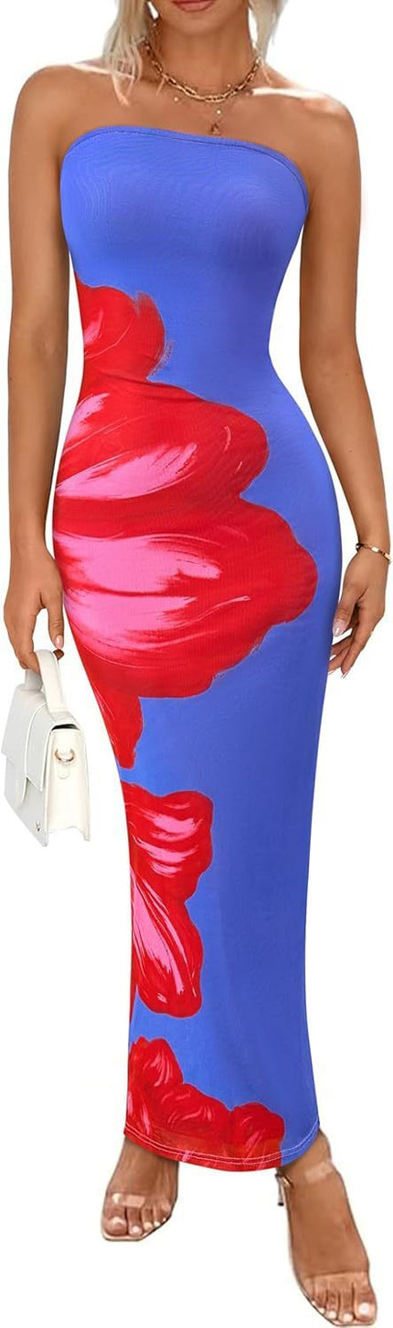 Women's Slim-Fit Floral Print Dress Blue Red Flower Dress