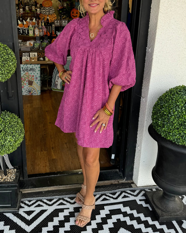 Lilette™ | Puff Sleeve Leaf Jacquard Mini Dress Rose Red Dress