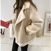 Vintage Crop Pockets Lambhair Jacket Beige Motorbike Jacket