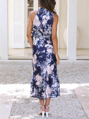 Halter Neck Floral Elastic Waist Maxi Dress Dresses