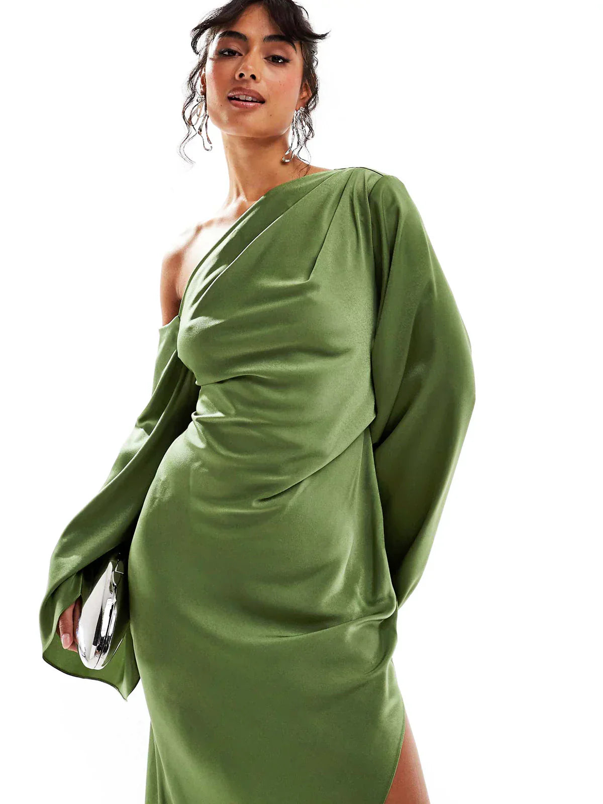 Green Asymmetrical Hem Satin Maxi Dress Dresses