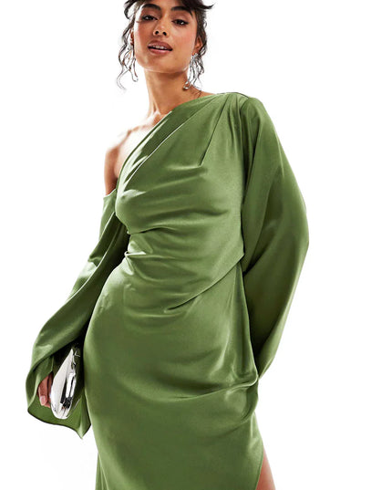 Green Asymmetrical Hem Satin Maxi Dress Dresses