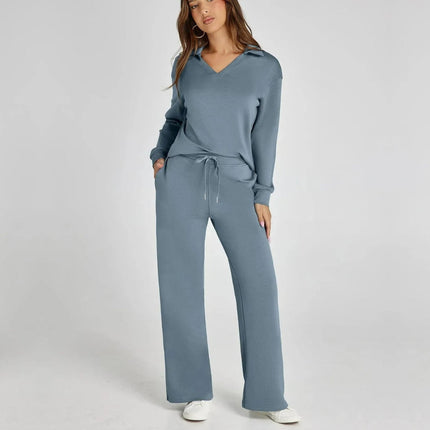 Women’s V‑Neck Long Sleeve Lounge Set Pale Blue Outfit Sets
