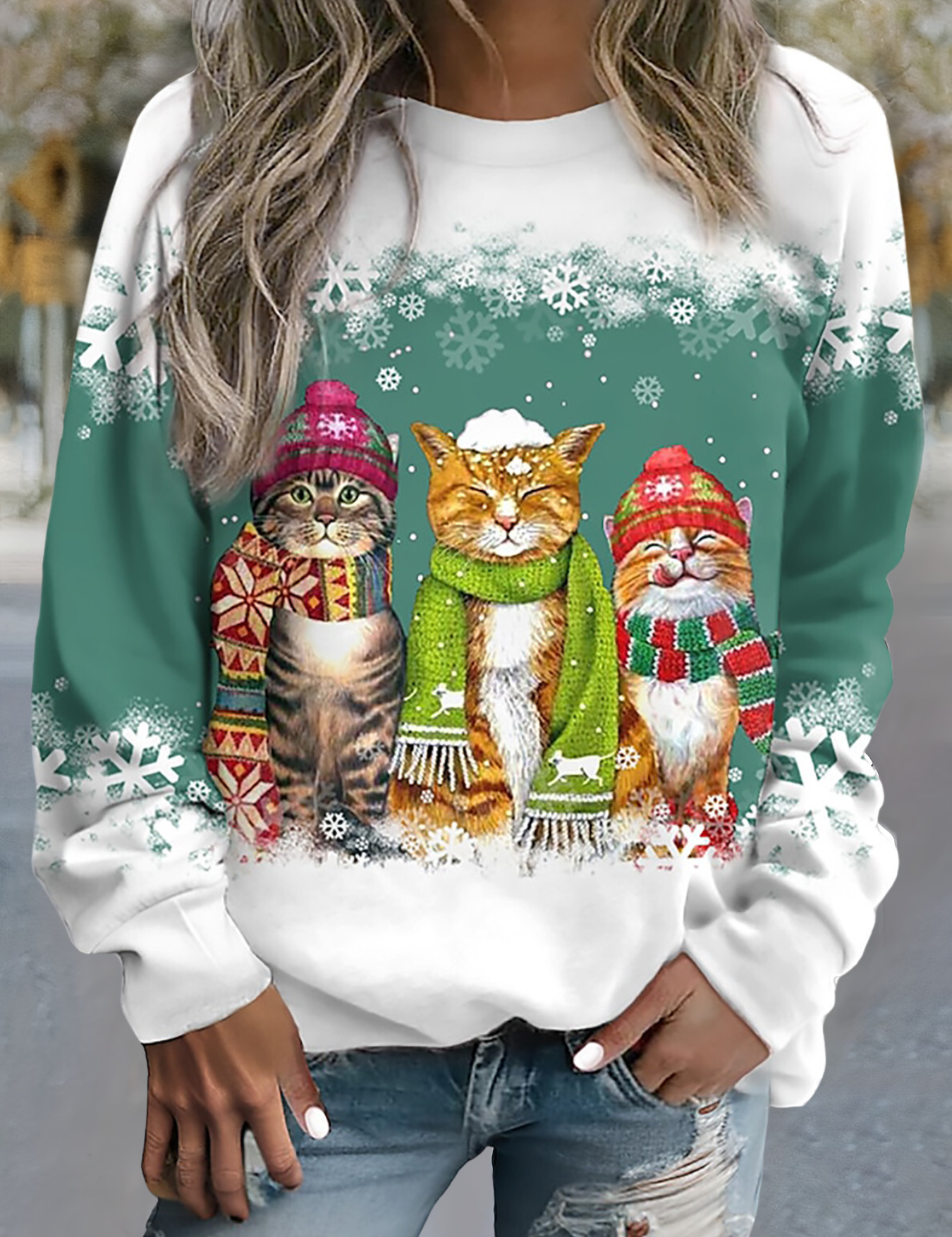 Cat Print Winter Sweatshirt - OKOHOKO™ FASHION
