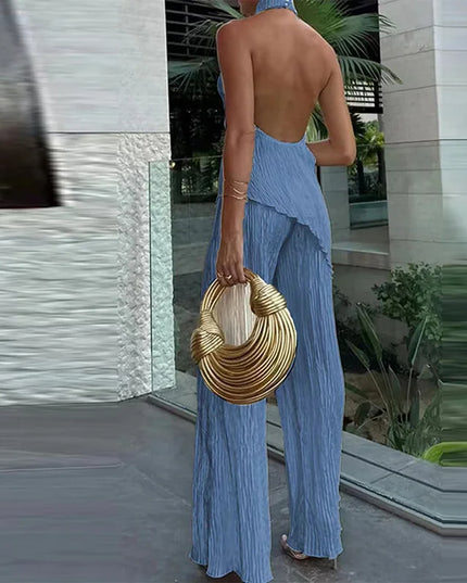Elegant Sleeveless Halter Crop Top & Wide‑Leg Pants Set Outfit Sets