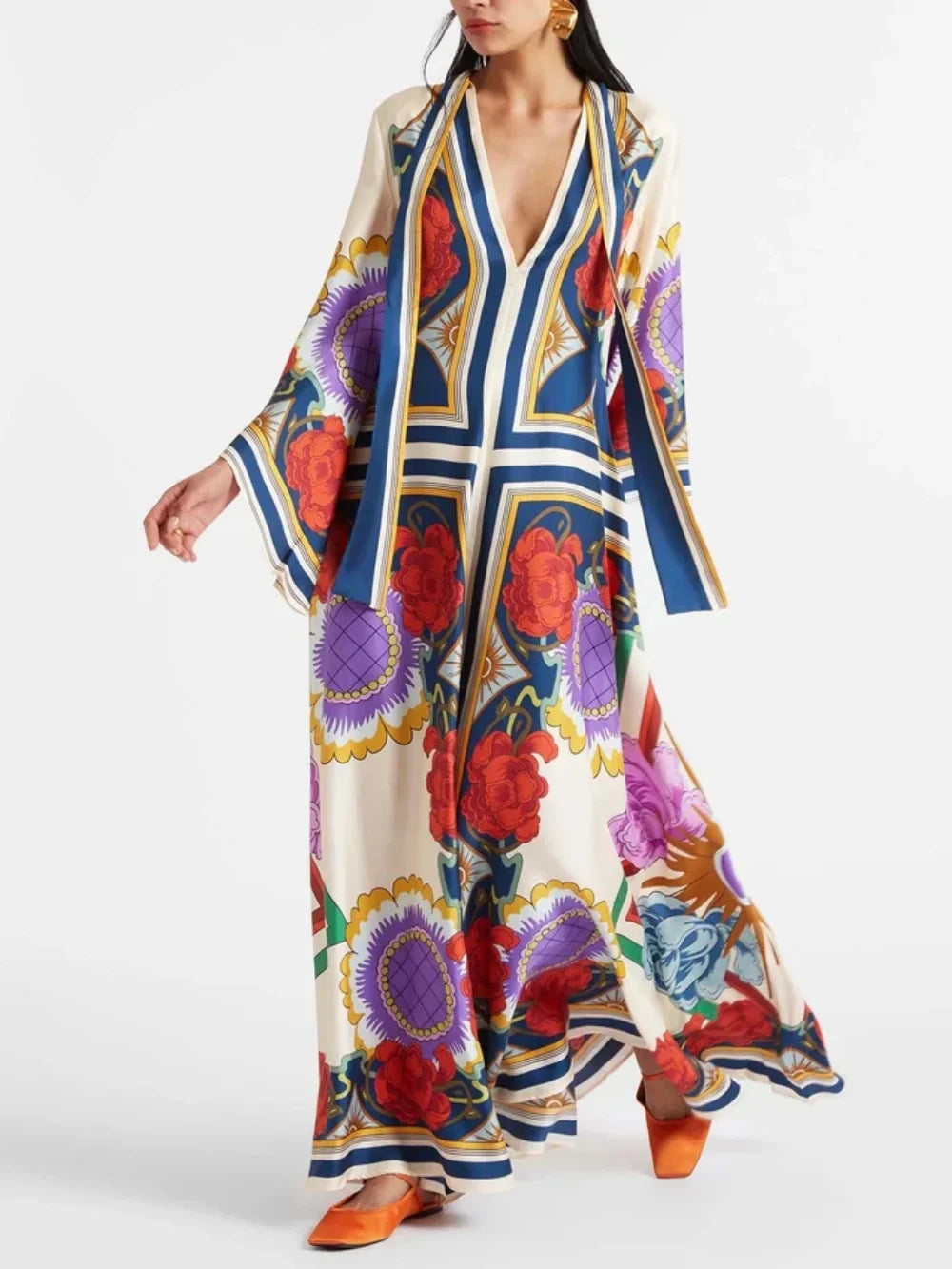 Exquisite Floral Print Draped Waterfall Sleeves Maxi Dress Dresses