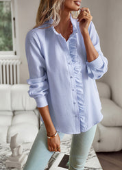 Striped Long Sleeve Ruffle Blouse Blue Women's Tops