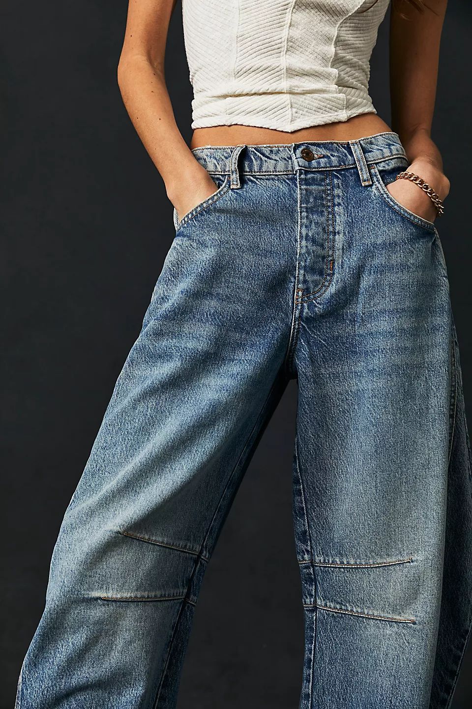 High-Stretch Mid-Rise Barrel Jeans Women Pants