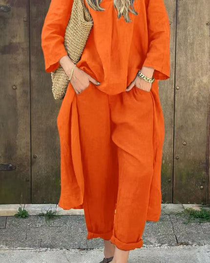 Women's 2-Piece V-Neck Long Sleeve Top & High-Waist Wide-Leg Pants Set with Pockets Orange set