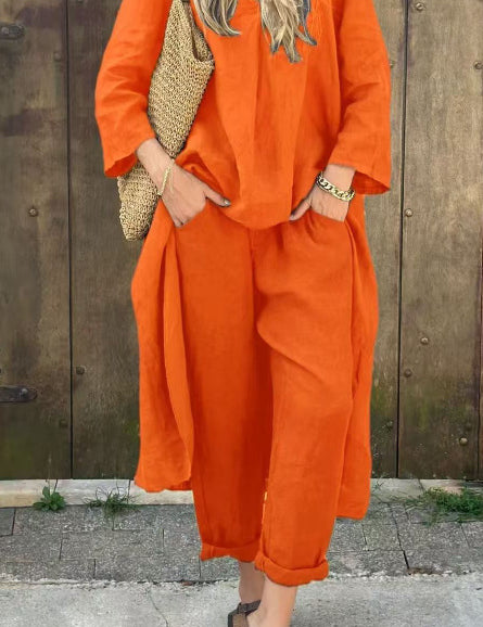 Women's 2-Piece V-Neck Long Sleeve Top & High-Waist Wide-Leg Pants Set with Pockets Orange set