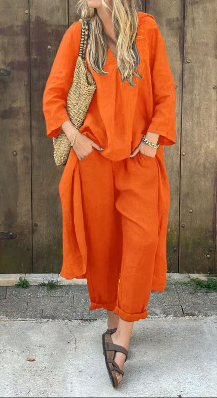 Women's 2-Piece V-Neck Long Sleeve Top & High-Waist Wide-Leg Pants Set with Pockets Orange set