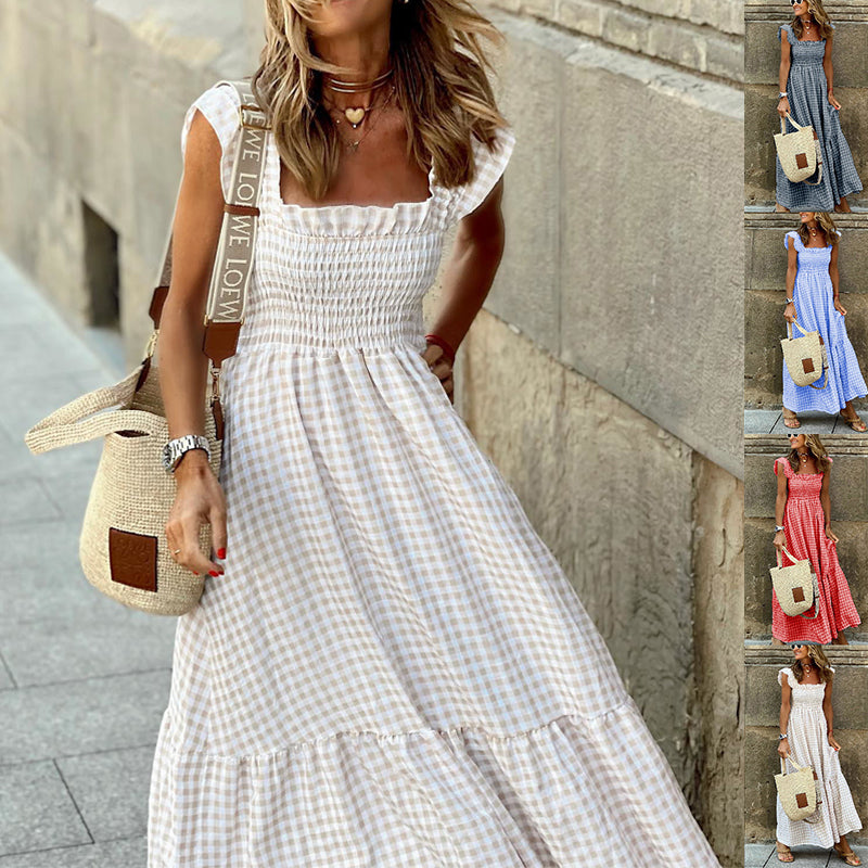 Summer Plaid Sleeveless Ruffle A-Line Dress Dresses
