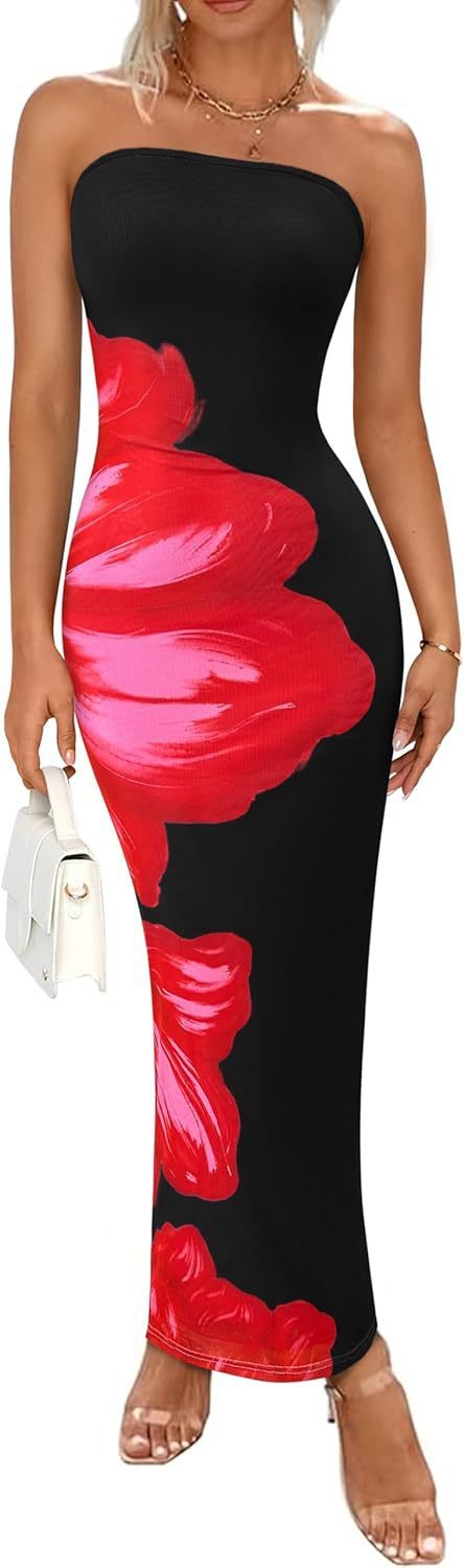 Women's Slim-Fit Floral Print Dress Black Red Flower Dress