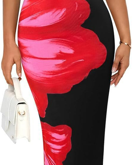 Women's Slim-Fit Floral Print Dress Black Red Flower Dress