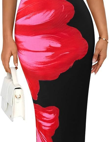 Women's Slim-Fit Floral Print Dress Black Red Flower Dress