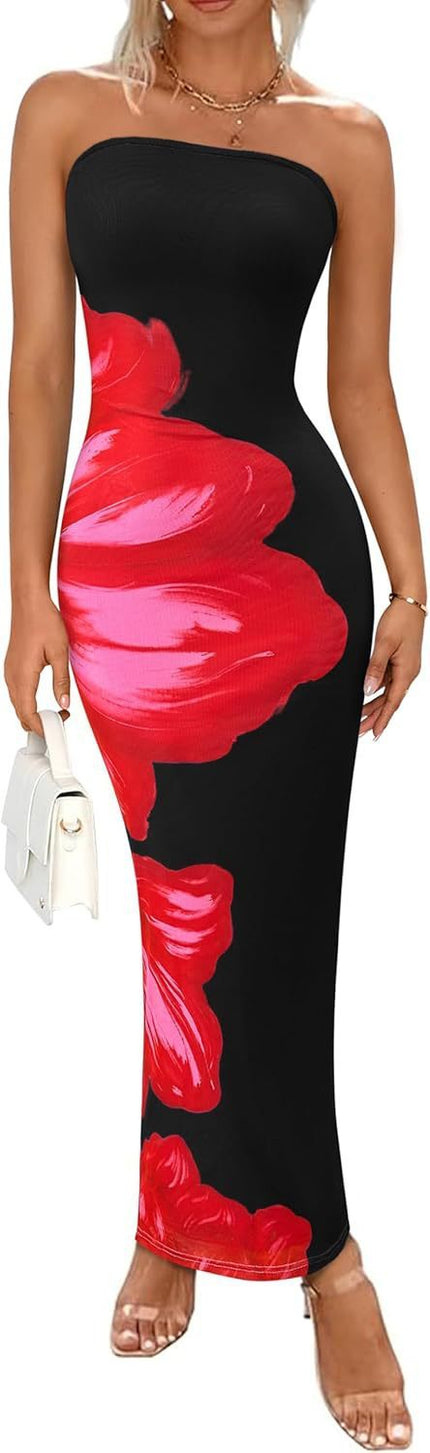Women's Slim-Fit Floral Print Dress Black Red Flower Dress
