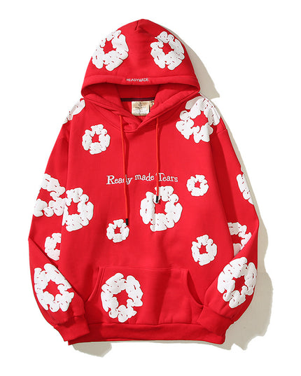 Pure Cotton Kapok Foam-Print Hoodie Sweater Red Hoodie