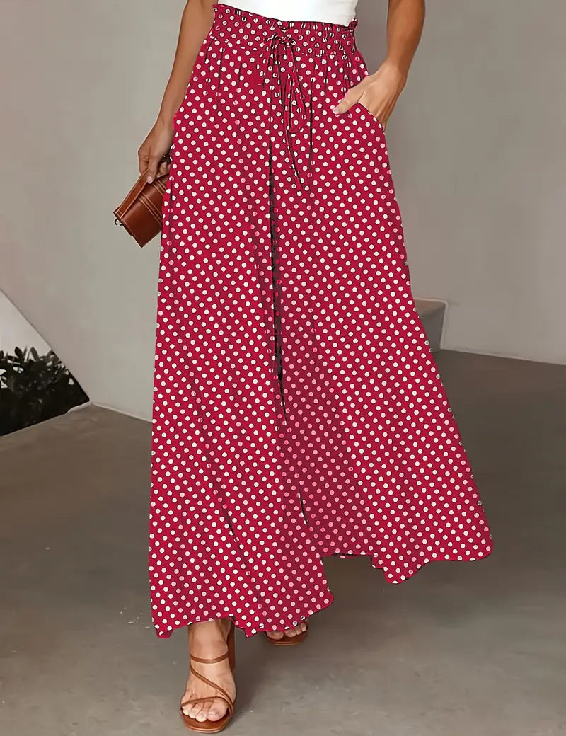 Polka Dot Elastic-Waist Wide-Leg Trousers Scarlet Trousers