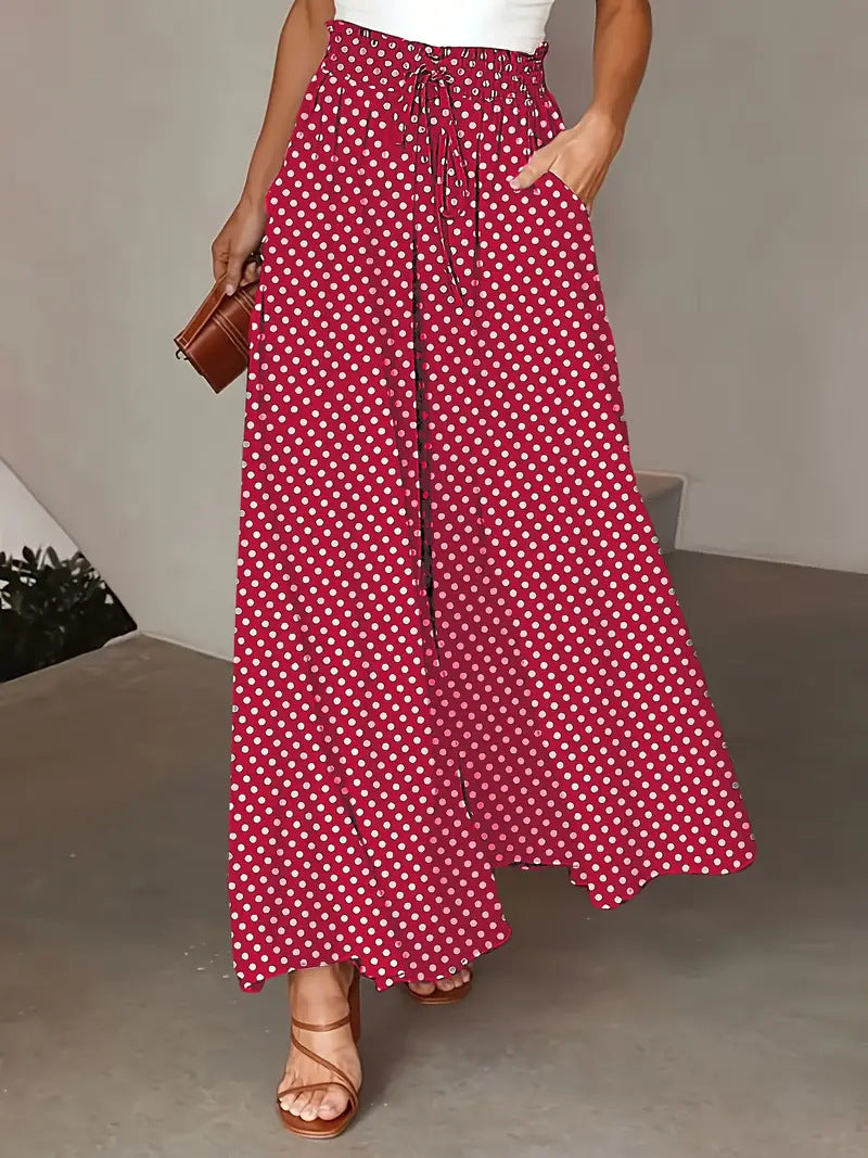 Polka Dot Elastic-Waist Wide-Leg Trousers Scarlet Trousers