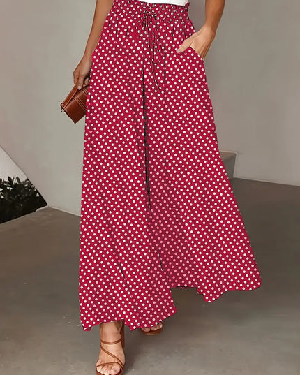 Polka Dot Elastic-Waist Wide-Leg Trousers Scarlet Trousers