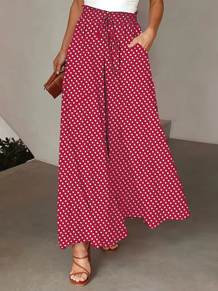 Polka Dot Elastic-Waist Wide-Leg Trousers Scarlet Trousers