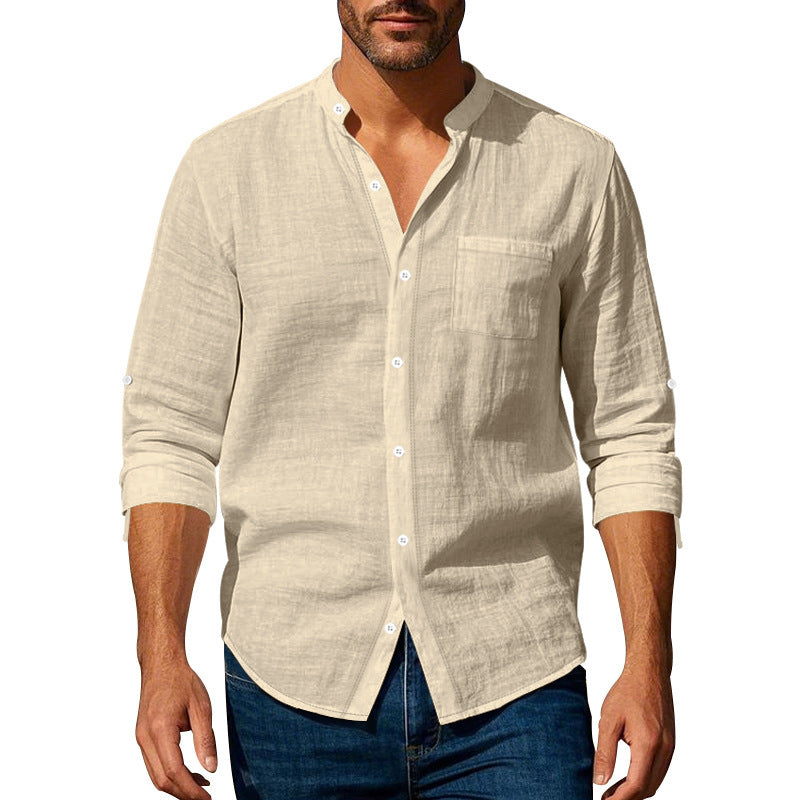 Men’s Stand‑Collar Long‑Sleeve Shirt with Pockets Khaki Shirts