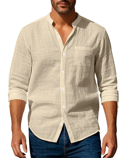 Men’s Stand‑Collar Long‑Sleeve Shirt with Pockets Khaki Shirts