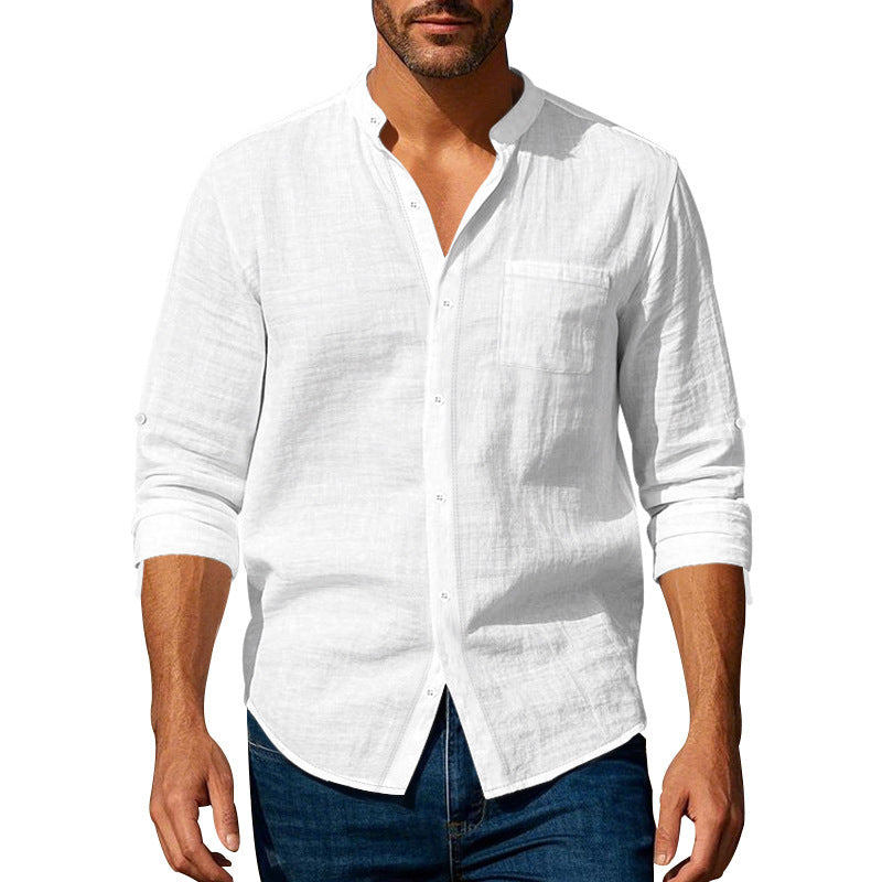 Men’s Stand‑Collar Long‑Sleeve Shirt with Pockets White Shirts
