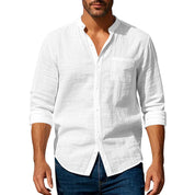 Men’s Stand‑Collar Long‑Sleeve Shirt with Pockets White Shirts
