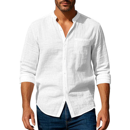 Men’s Stand‑Collar Long‑Sleeve Shirt with Pockets White Shirts