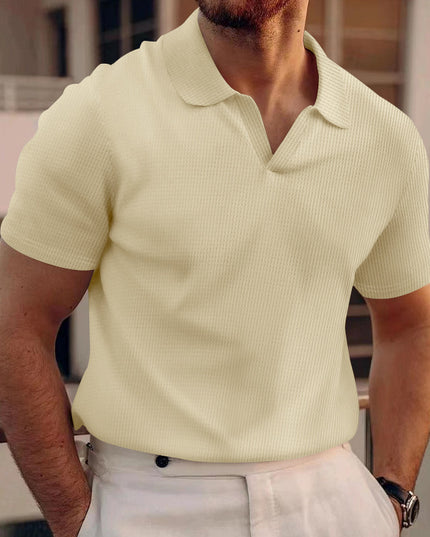 Men's INS Waffle Lapel Short-Sleeved Polo Shirt – Summer Solid Color V-Neck Khaki Polo Shirts