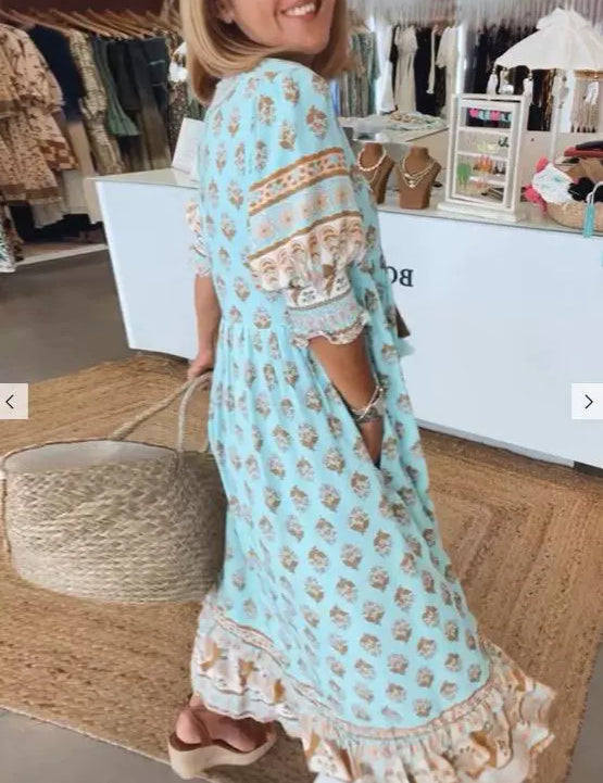 Bohemian Lantern Sleeve Ruffle Maxi Dress Dresses
