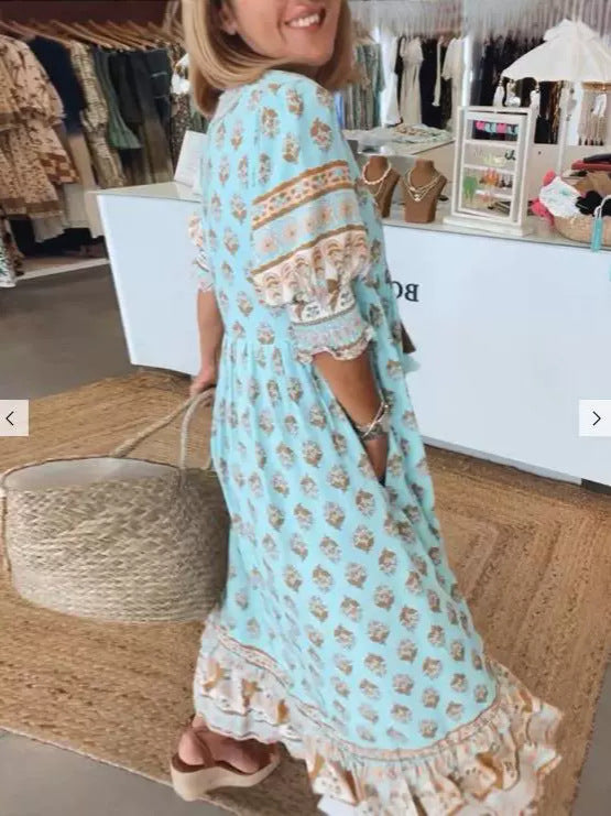 Bohemian Lantern Sleeve Ruffle Maxi Dress Dresses