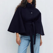 Elegant Batwing Trench Coat with Belt Navy Blue Coats