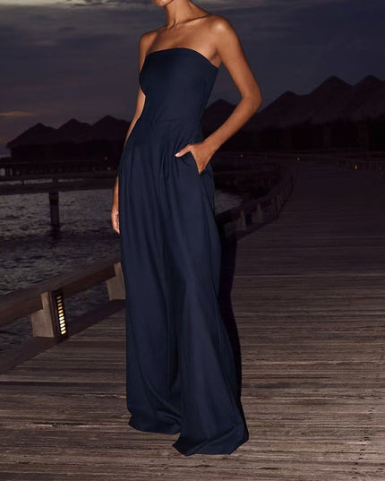 Backless Tube Top Wide-Leg Jumpsuit Navy Blue Jumpsuits