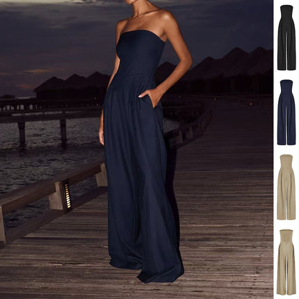 Backless Tube Top Wide-Leg Jumpsuit Navy Blue Jumpsuits