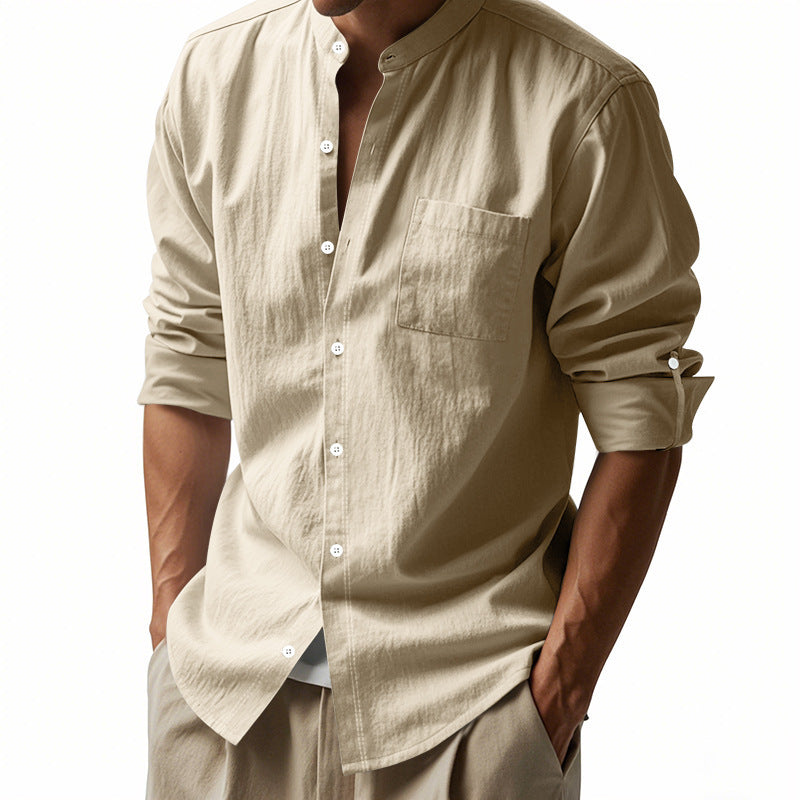 Men’s Stand‑Collar Long‑Sleeve Shirt with Pockets Shirts