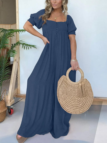 Wyn™ | Feminine Flair Smocked Jumpsuit Navy Blue Jumpsuit