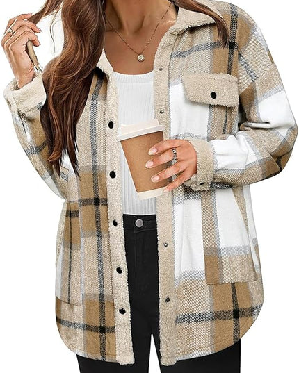 Women's Cozy Plaid Fleece Jacket Khaki Fleece Jacket