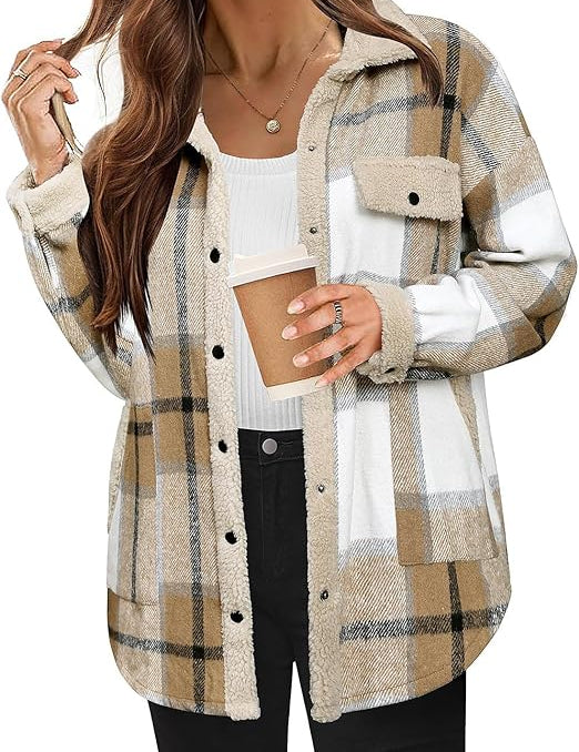 Women's Cozy Plaid Fleece Jacket Khaki Fleece Jacket