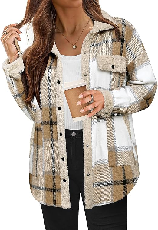 Women's Cozy Plaid Fleece Jacket Khaki Fleece Jacket