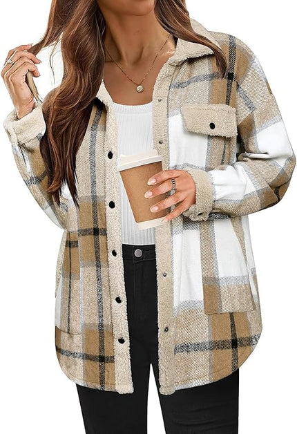Women's Cozy Plaid Fleece Jacket Khaki Fleece Jacket