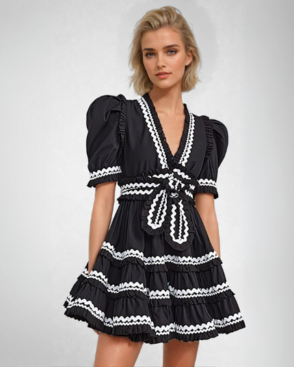 Sydney™ | V-Neck Striped Patchwork Flare Short Dress Black Dresses