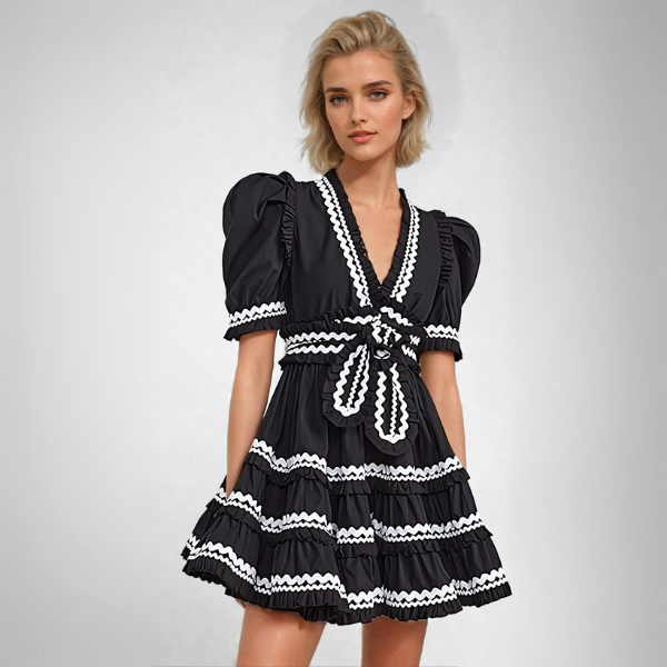 Sydney™ | V-Neck Striped Patchwork Flare Short Dress Black Dresses