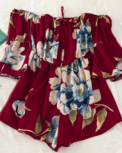 Off-Shoulder Floral Print Jumpsuit with Tie Flare Sleeves Red One size Jumpsuit