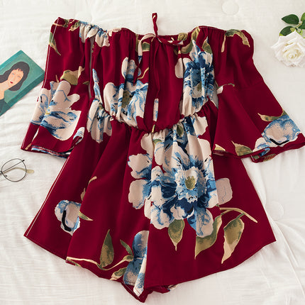 Off-Shoulder Floral Print Jumpsuit with Tie Flare Sleeves Red One size Jumpsuit