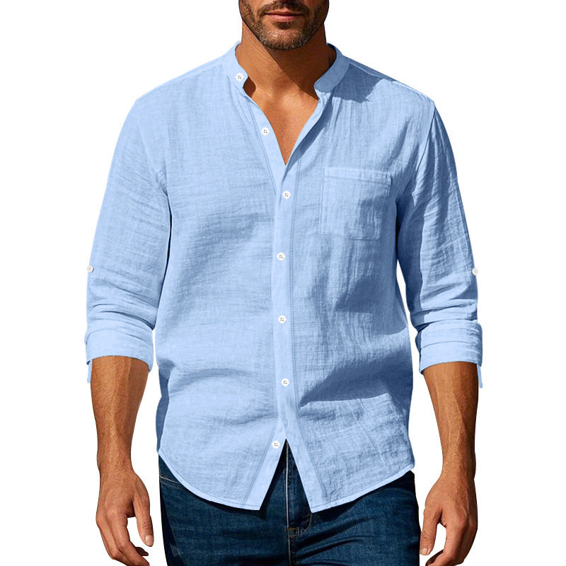 Men’s Stand‑Collar Long‑Sleeve Shirt with Pockets Light Blue Shirts