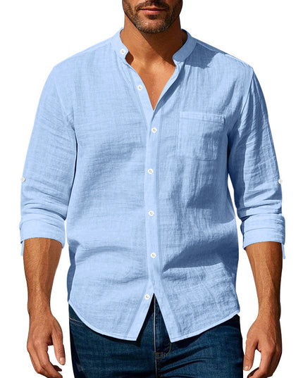 Men’s Stand‑Collar Long‑Sleeve Shirt with Pockets Light Blue Shirts