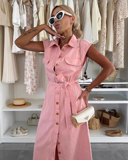 Women’s Sleeveless Lace‑Up Denim Midi Dress with Pockets & Lapel Dresses