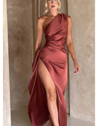 Elegant One-Shoulder Backless Satin Dress with High Slit Light Brown Dresses